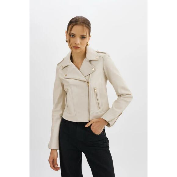 Lamarque Donna Biker Leather Jacket in Stone Grey Cream Size Large - Picture 1 of 13